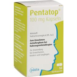 Verpackung von Pentatop 100 mg Kapseln, ein Medikament gegen Nahrungsmittelallergien.