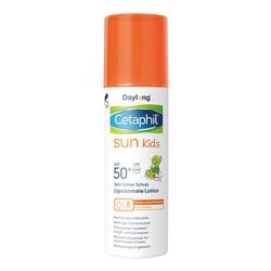Weiße Sonnencreme-Flasche mit orangener Kappe, für Kinder, mit Lichtschutzfaktor 50+.
