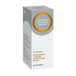 Graue Medikamentenbox mit homöopathischem Mittel für Hauterkrankungen.